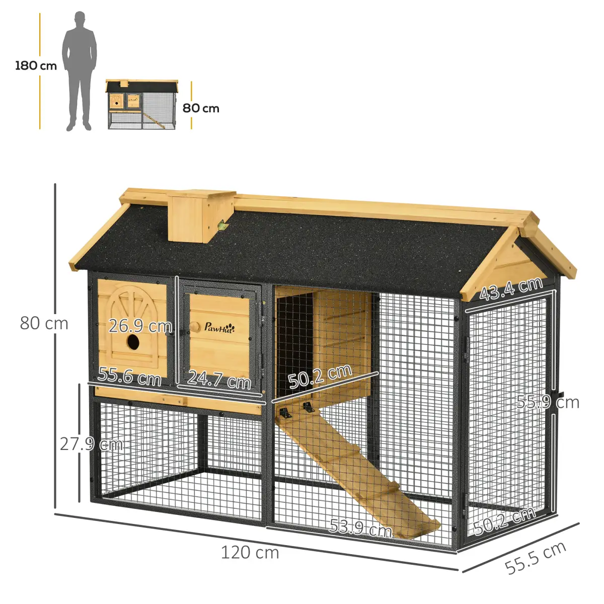 PawHut PawHut Rabbit Hutch Outdoor Bunny Cage w/ Run, Removable Tray 120 x 55.5 x 80cm - Rabbit Hutch