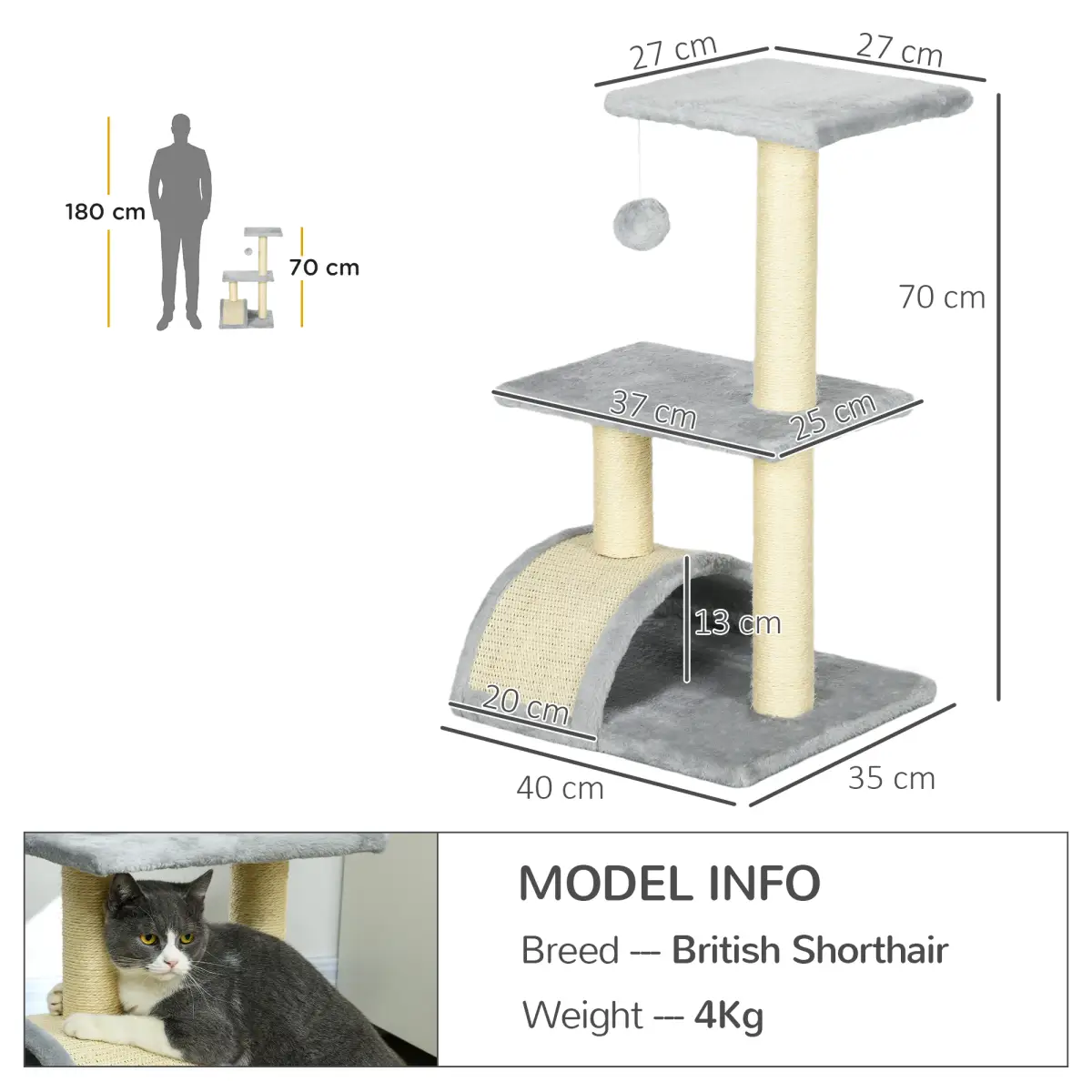 PawHut PawHut 72cm Cat Tree Climbing Tower with Sisal Scratching Post - Light Grey - Cat Tree