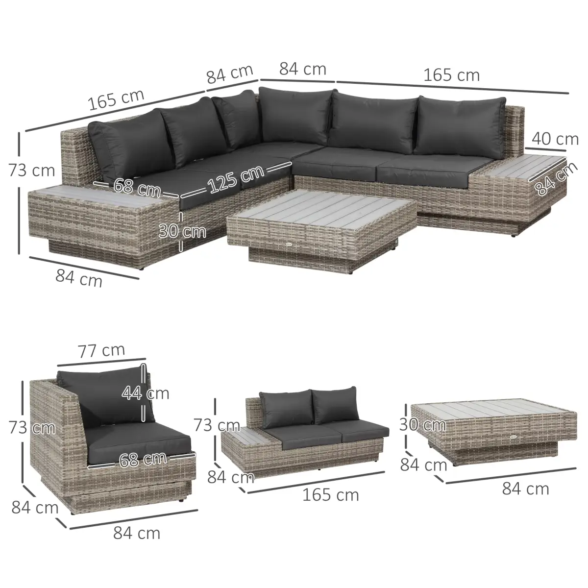 Outsunny 5-Seater Rattan Sectional Corner Sofa Table Set Cushions - Light Grey - Garden Sofa Sets