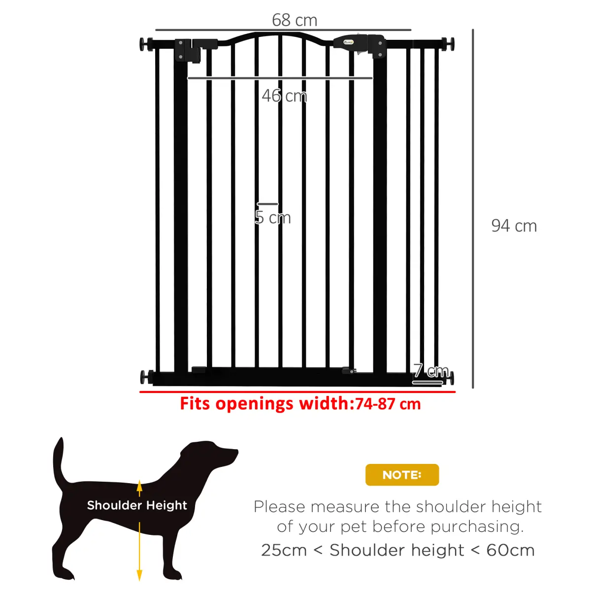 PawHut PawHut 74-87cm Adjustable Metal Pet Gate Safety Barrier w/ Auto-Close Door Black - Pet Gate