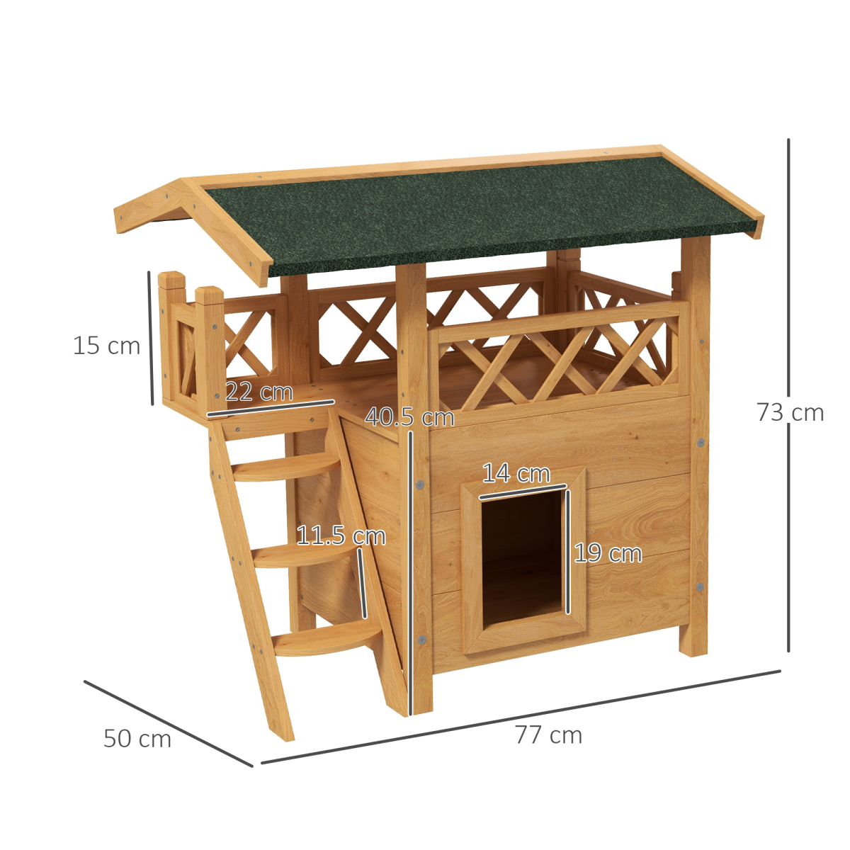 Outdoor Cat House With Balcony And Stairs PawHut Natural Fir Wood Elevated Weatherproof Roof