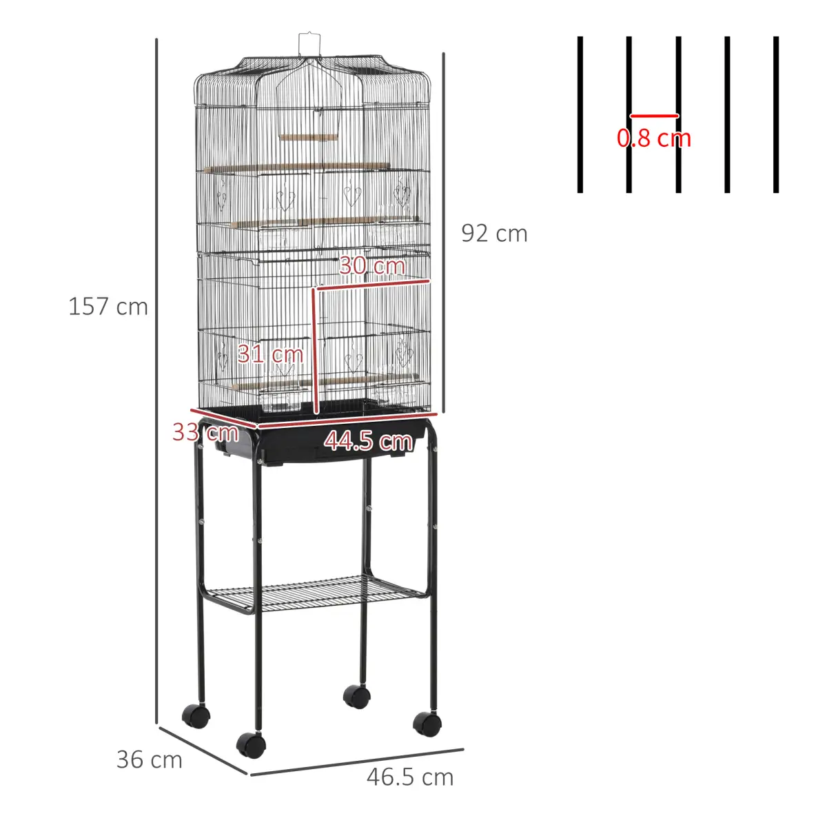 Pawhut Bird Cage Metal Budgie Cages W/ Rolling Stand Slide-out Tray Storage Shelf Black - Bird Cage