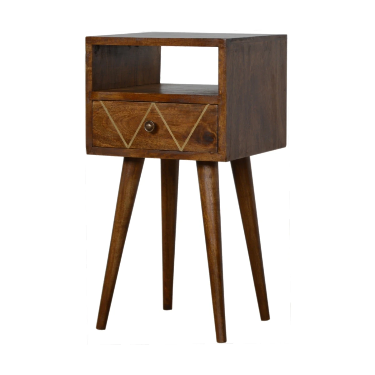 Artisan Furniture Artisan Bedside Table Mini Solid Mango Wood Geo Brass Inlay Drawer Shelf For Modern Bedroom Decor - Bedside Table