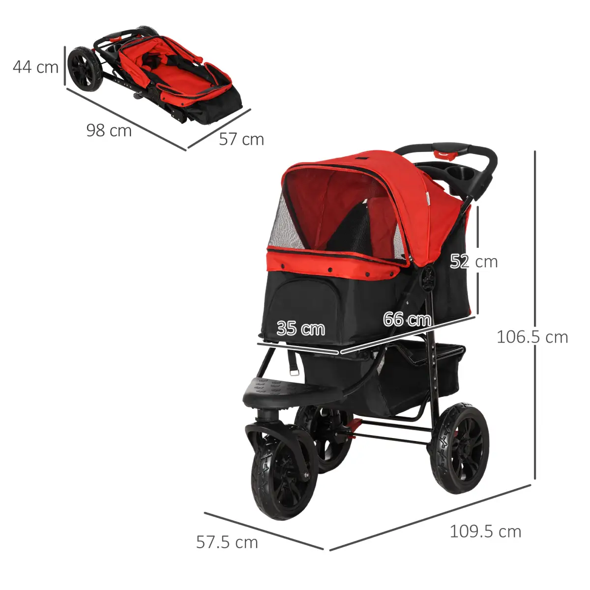 Unbranded Folding 3 Wheel Pet Stroller Travel Adjustable Canopy Storage Brake Red Pawhut - Pet Carrier