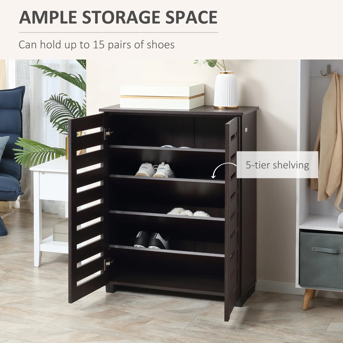 HOMCOM HOMCOM Shoe Storage Cabinet with Slatted Doors for 15 Pairs of Shoes Brown -
