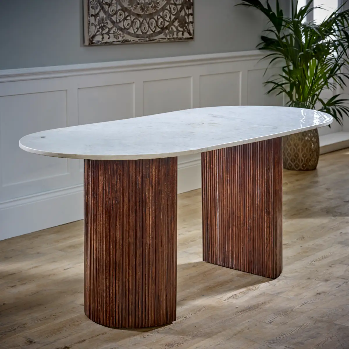 Indian Hub Opal Mango Wood Dining Table 170Cm With Marble Top - Dining Table