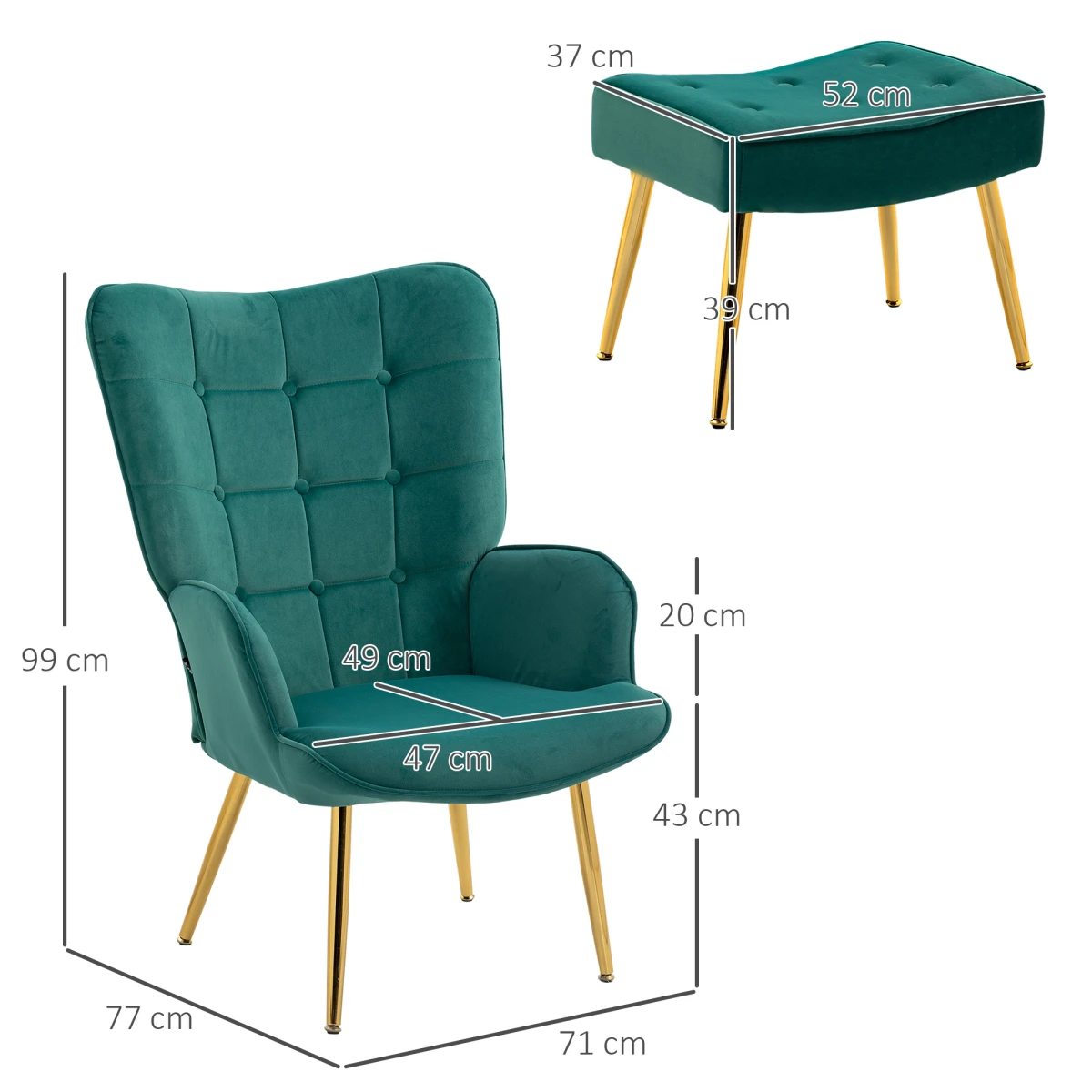 HOMCOM HOMCOM Armchair Tufted Footstool Gold Legs Small - Armchair