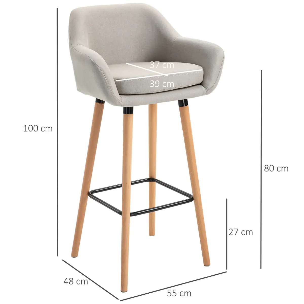 HOMCOM 2 PCs Modern Upholstered Fabric Bucket Seat Bar Stools w/ Solid Wood Legs Beige - Bar Stool