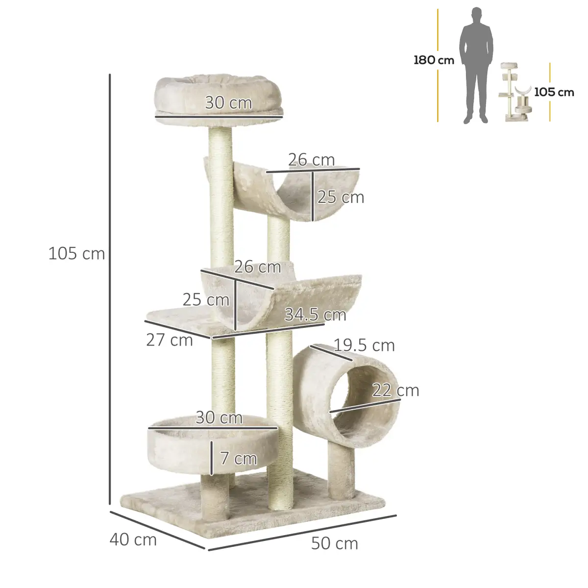 Pawhut Multi-Level Large Cat Tree Scratching Post Perch Play Center Tunnel Beige - Cat Tree