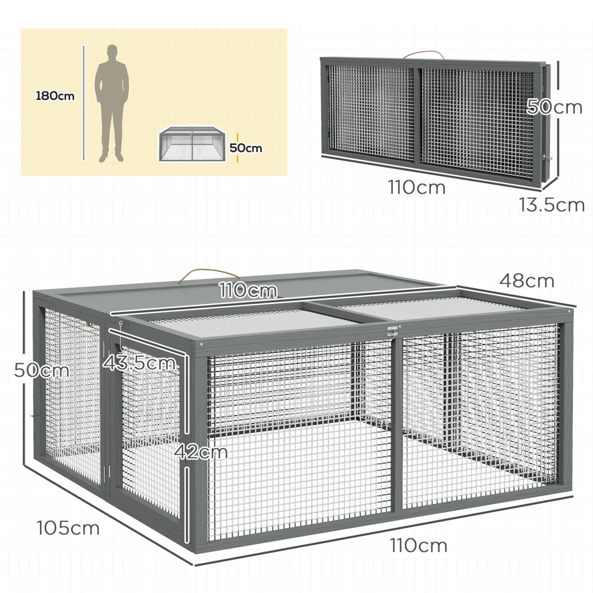 PawHut Wooden Folding Rabbit Run for 2-3 Rabbits, Guinea Pig, Grey - from PawHut