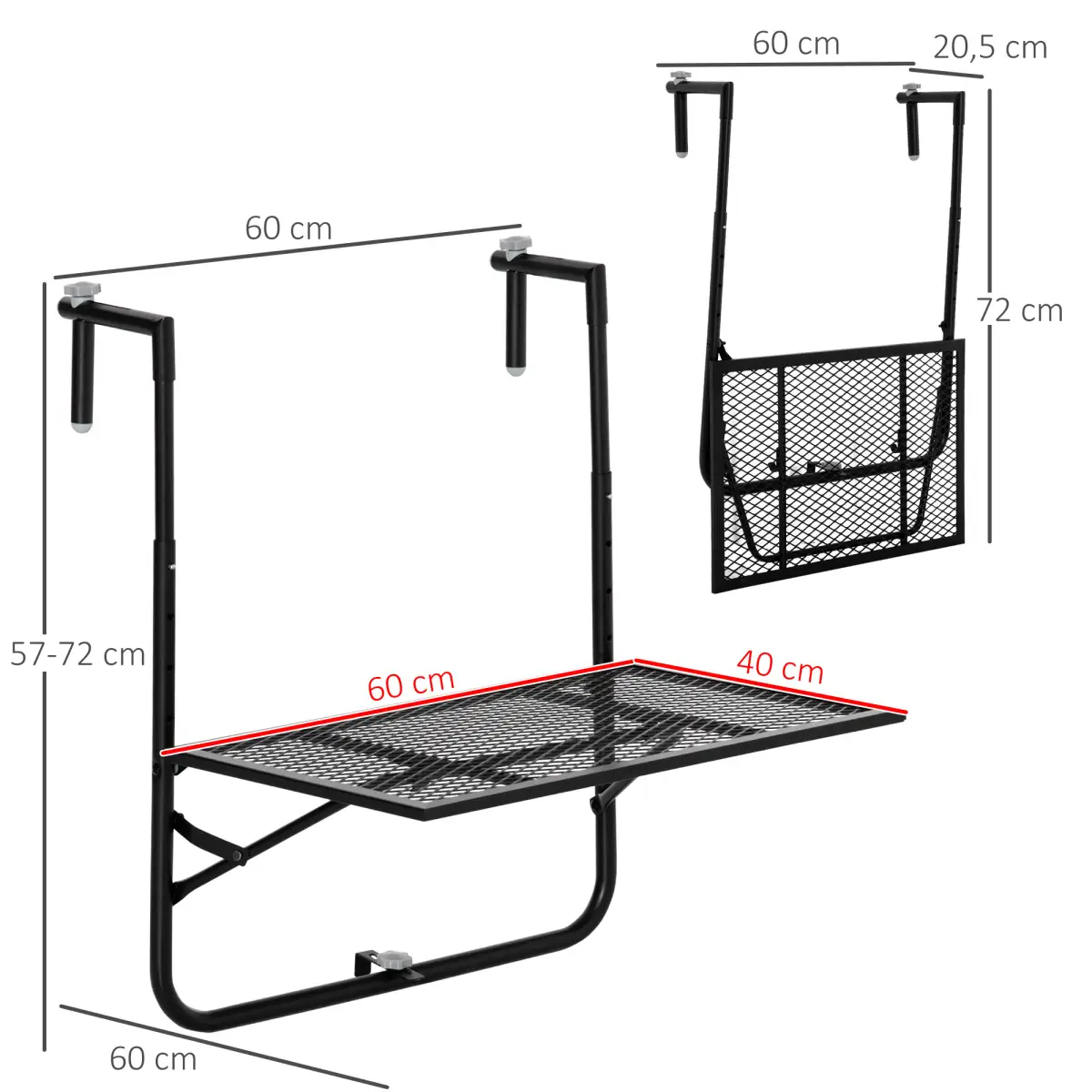 Outsunny Balcony Hanging Table, Metal Wall Mount Desk, Adjust Black - Desk