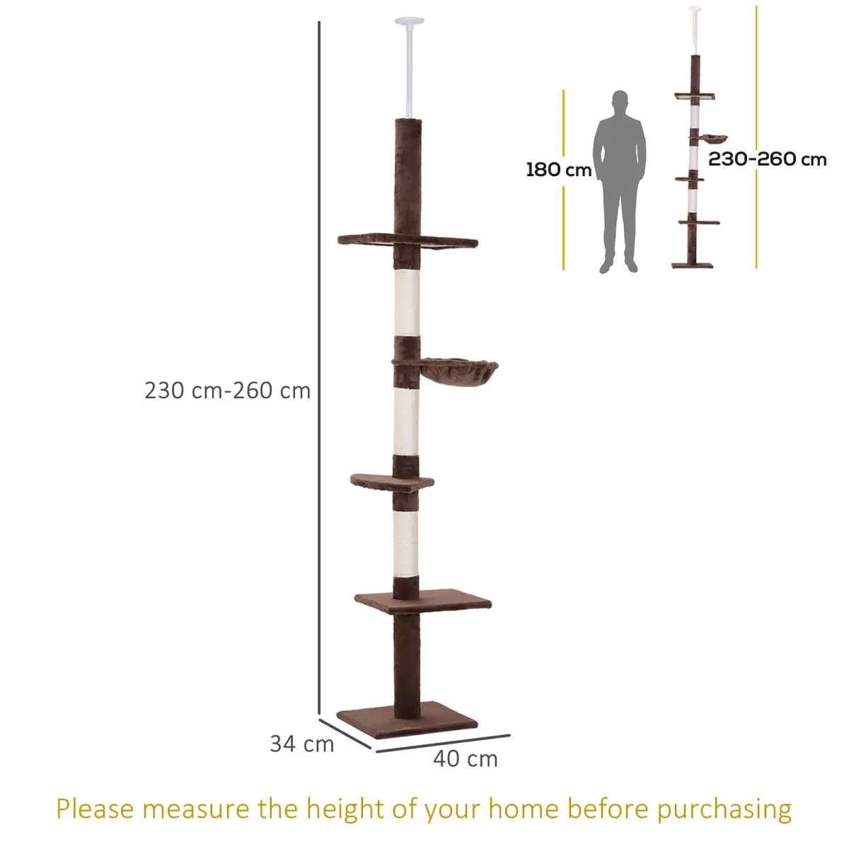 PawHut Floor to Ceiling Cat Tree for Indoor Cats 5-Tier Kitty Tower Brown - Cat Tree