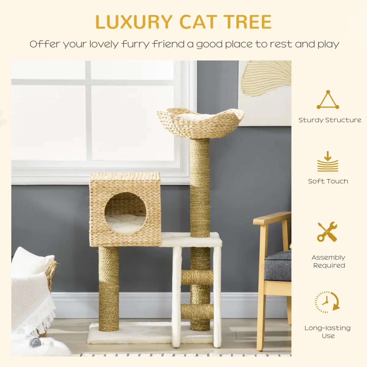 Unbranded Cat Tree Kitten Tower Cattail Weave w/ Scratching Posts, Bed, House Pawhut - Cat Tree