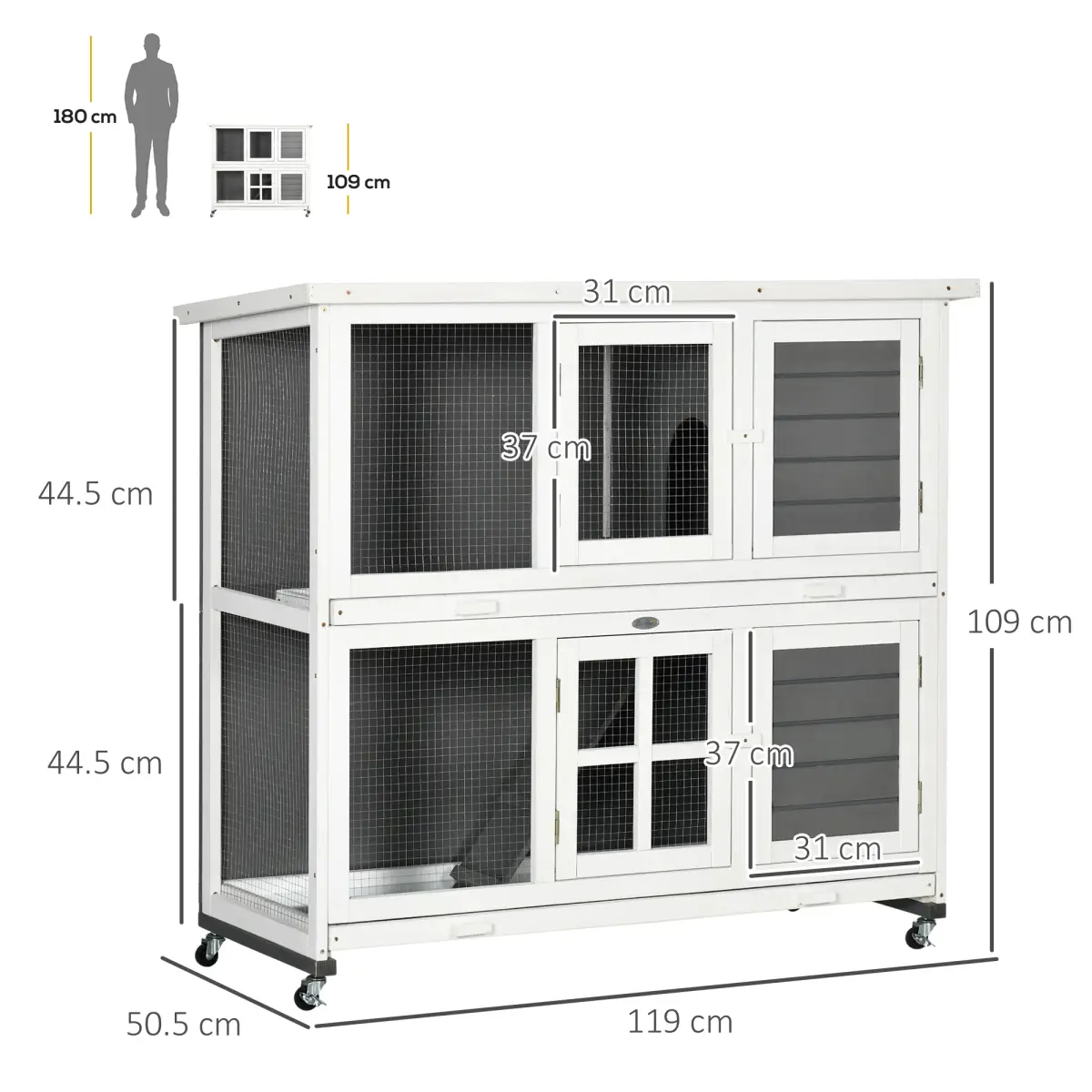 PawHut PawHut Wooden Rabbit Hutch, Small Animal House w/ Wheels, Removable Tray - Grey - Rabbit Hutch