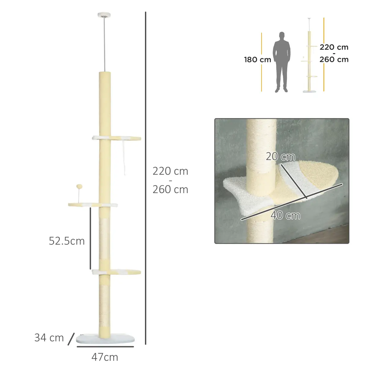 Unbranded 260cm Height Adjustable Floor-To-Ceiling Cat Tree w/ Anti-Slip Kit - Yellow - Cat Tree