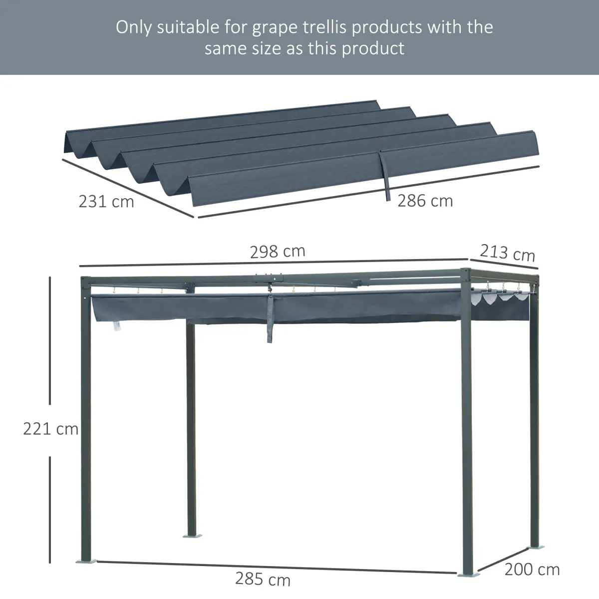 Outsunny Outsunny Pergola Sun Shade Cover Roof Replacement for 3 x 2.15m Pergola, Grey - Gazebos