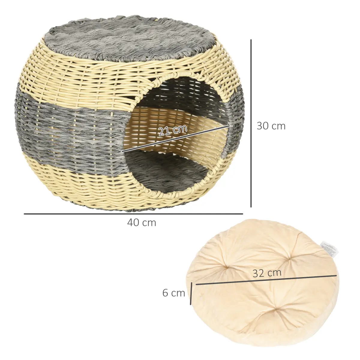PawHut PawHut Wicker Cat House, Rattan Raised Cat Bed w/ Soft Cushion, 40 x 30cm - Cat House