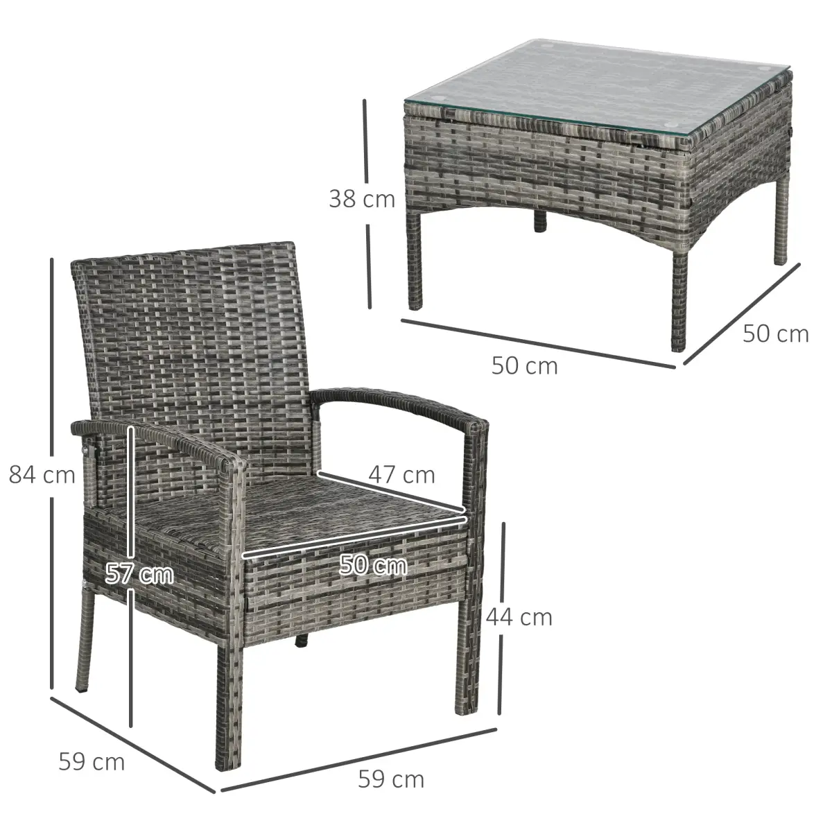 Outsunny Outsunny 3PC Garden Rattan Bistro Set Balcony Dining Table Chair Mixed Grey - Garden Set