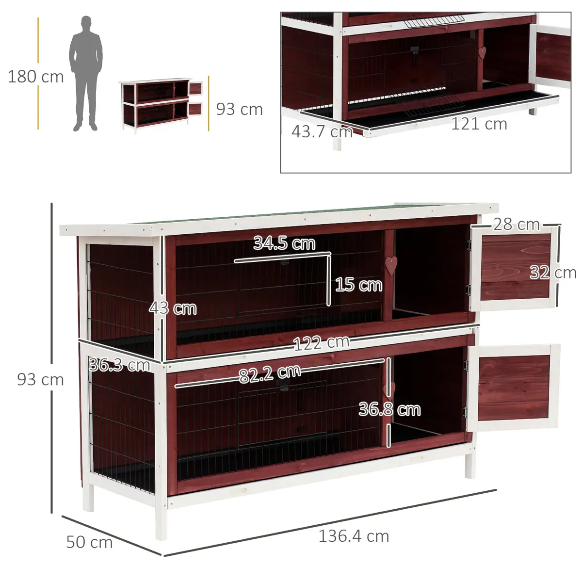 Pawhut Two-Tier Elevated Wooden Rabbit Hutch Bunny Cage for Small Pet Animals w/ Tray - Rabbit Hutch