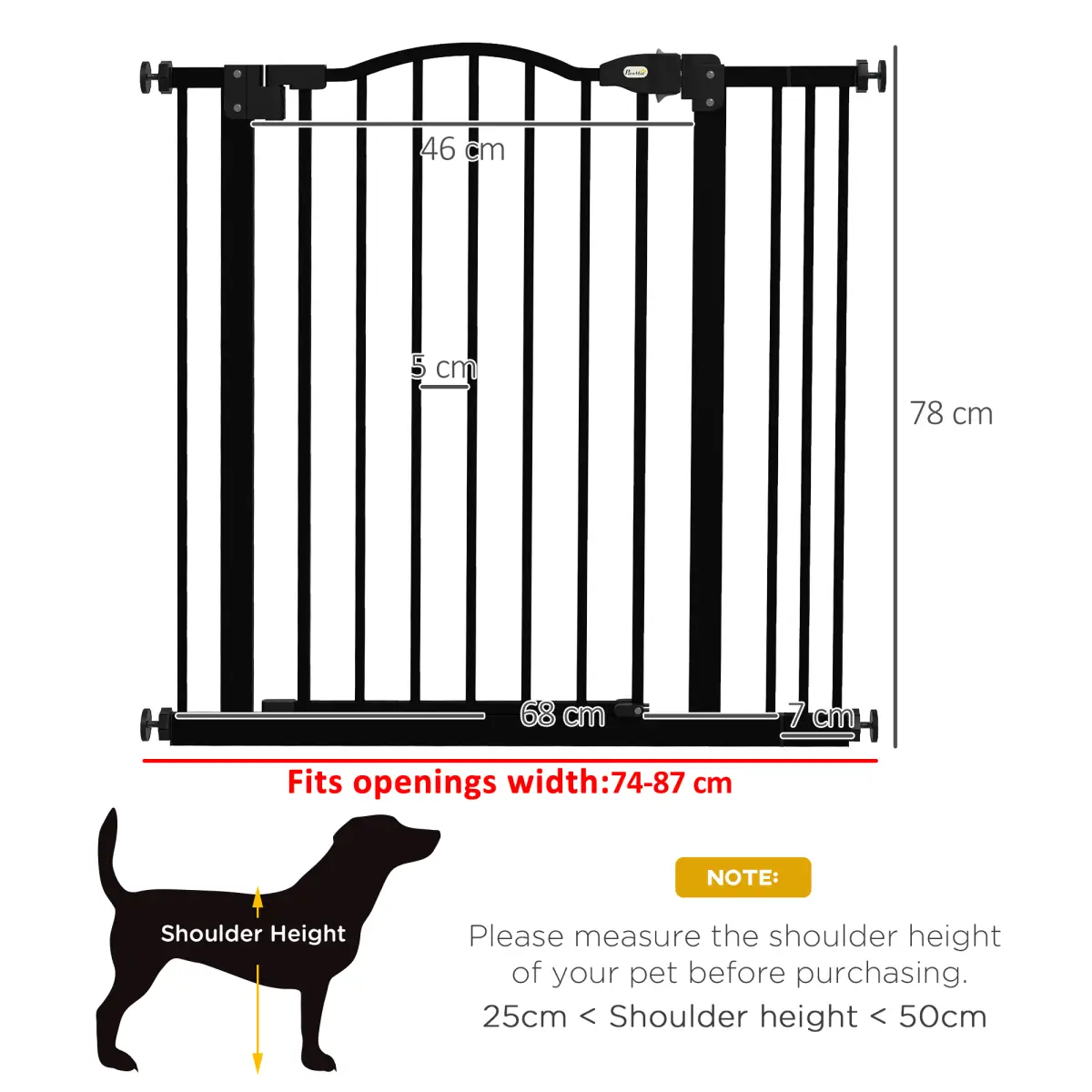 PawHut PawHut 74-87cm Adjustable Metal Pet Gate Safety Barrier w/ Auto-Close Black - Pet Gate