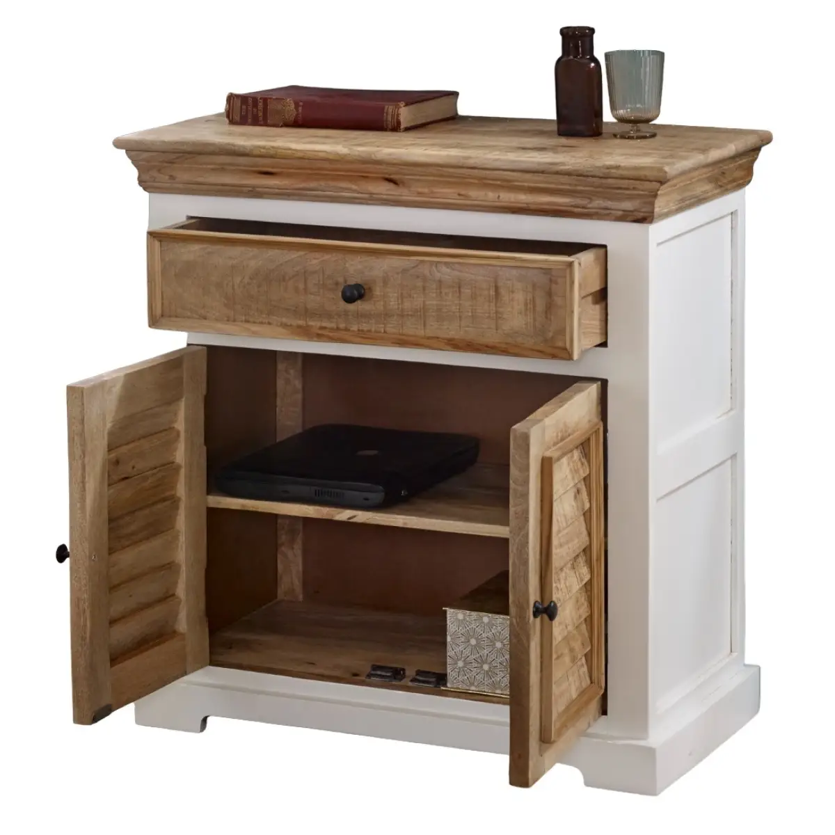 Alfie Mango Wood Sideboard 57x28x10cm 1 Drawer 2 Doors White Natural Finish Handcrafted In India For Living Room Storage - Indian Hub - Home Symphony