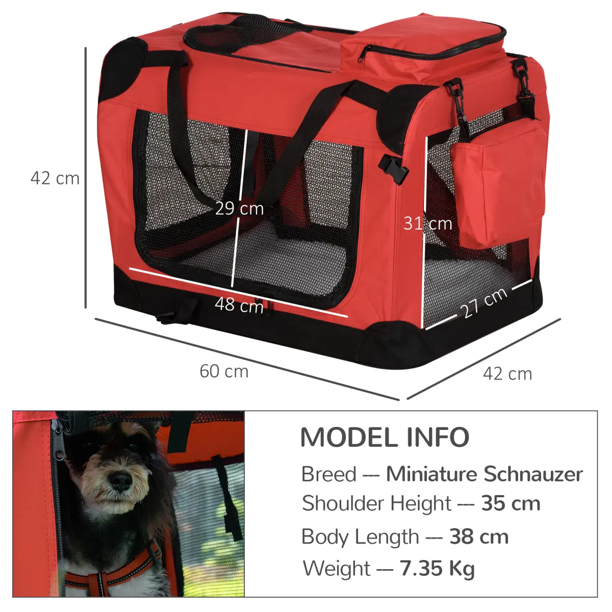 Pawhut Folding Pet Carrier Bag Soft Portable Cat Travel Cage, 60x42x42 cm, Red - Pet Carrier