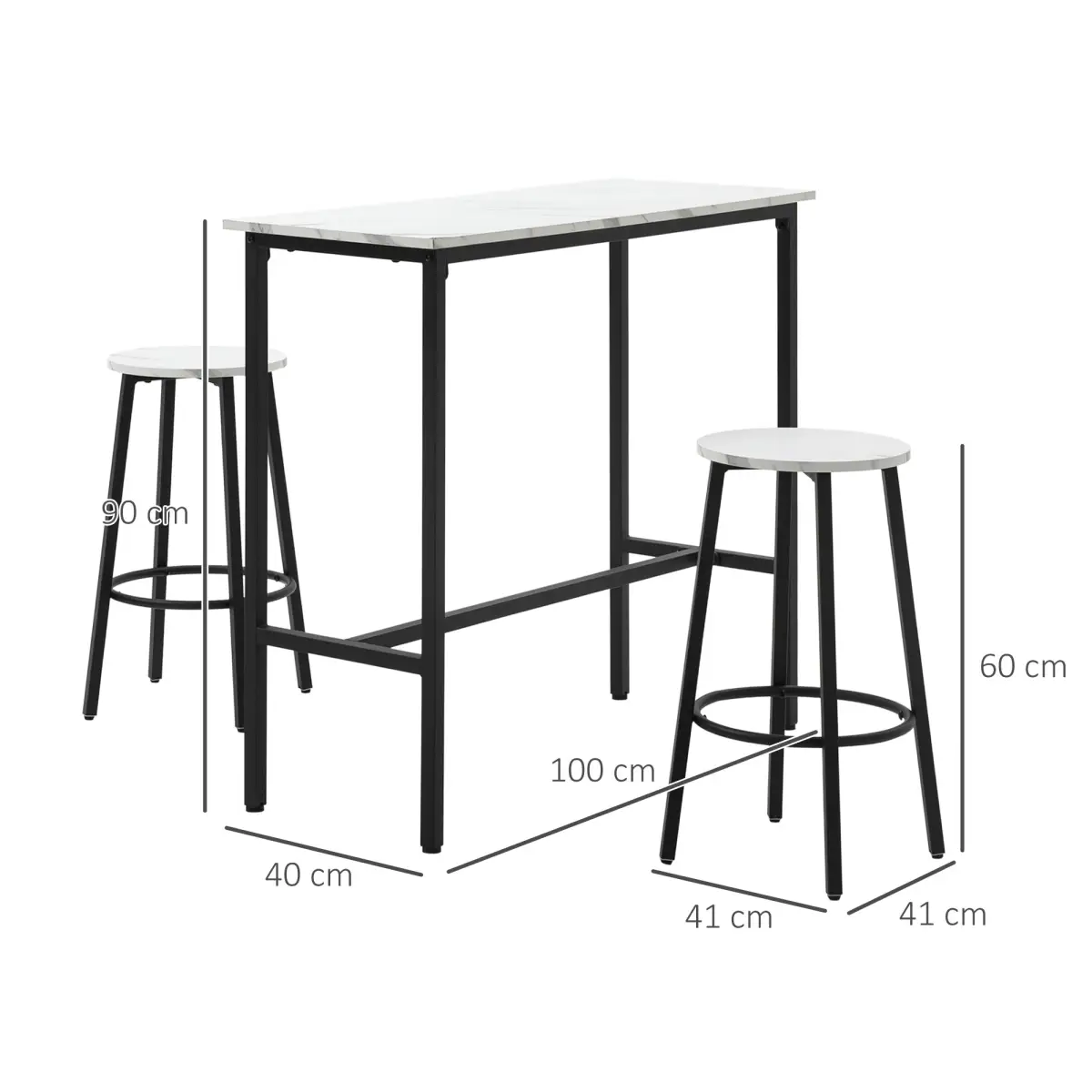 HOMCOM HOMCOM 3 Piece Bar Table Set for 2 with Stools Steel Frame Footrest White - Dining Set