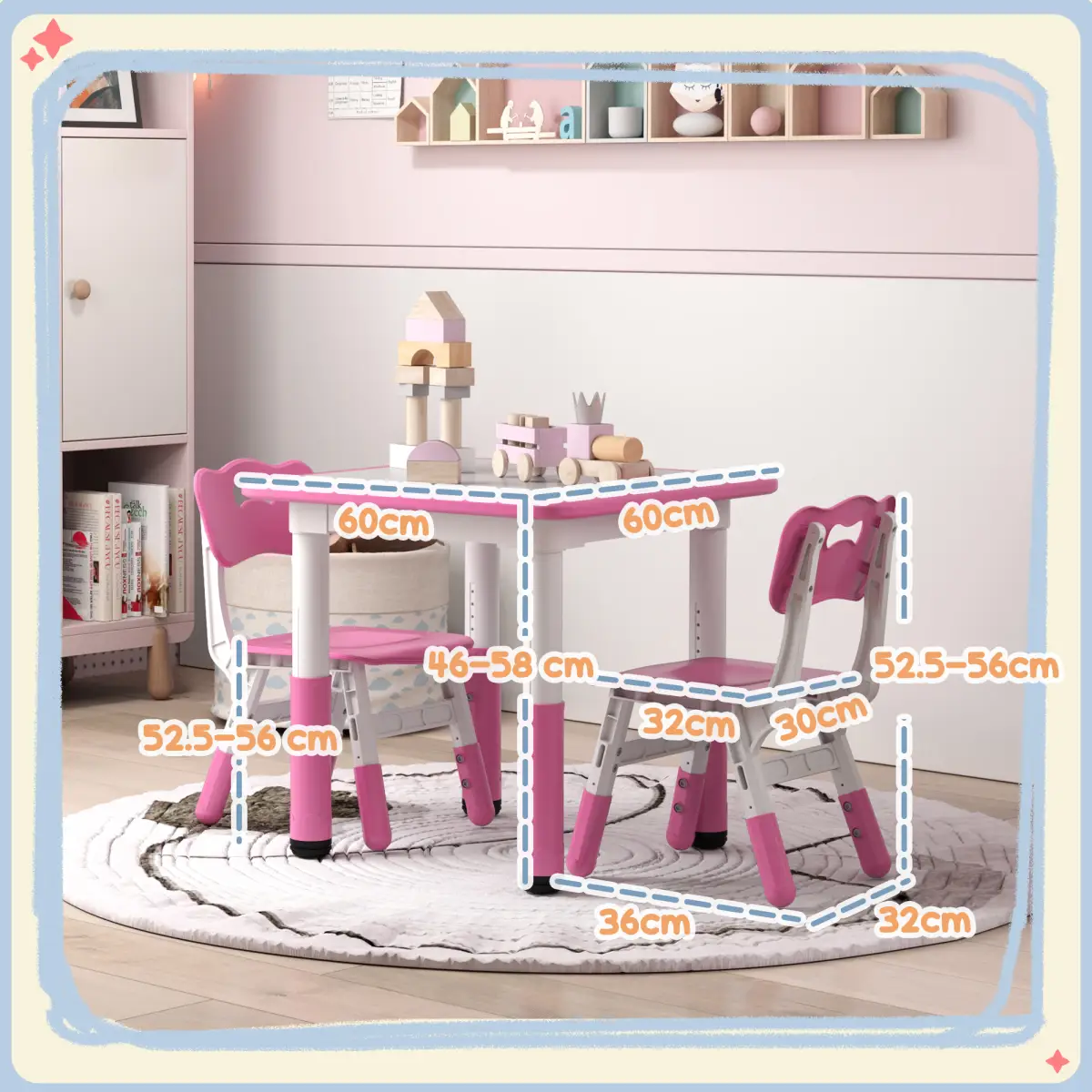 AIYAPLAY AIYAPLAY 3 Pcs Height Adjustable Kids Table and Chair Set for Playroom - Pink - Picnic Tables