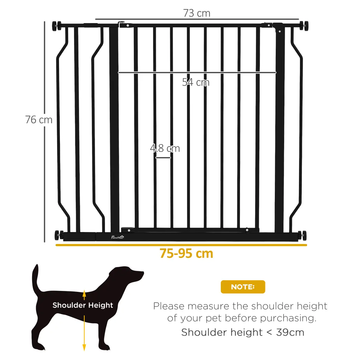 PawHut PawHut Dog Gate Wide Stair Gate with Door Pressure Fit, 75-95W cm, Black - Pet Gate