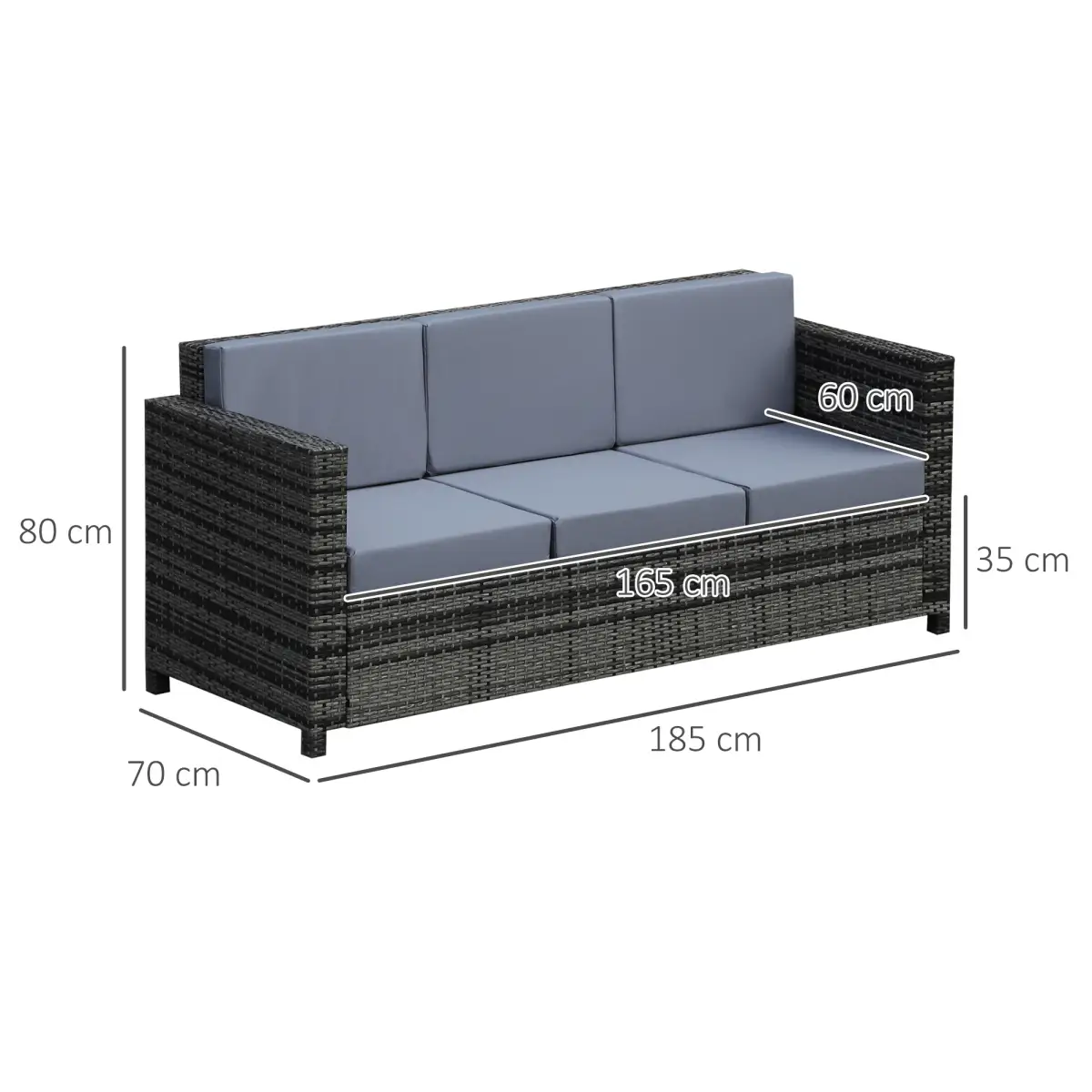 Outsunny 3-Seater Weather Resistant Outdoor Garden Rattan Sofa Grey - Garden Sofa Sets