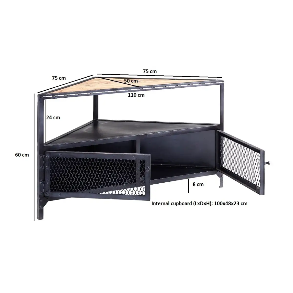 Indian Hub Statement Corner TV Unit Industrial Hand Crafted Reclaimed Wood With Metal Mesh Panels - TV Unit