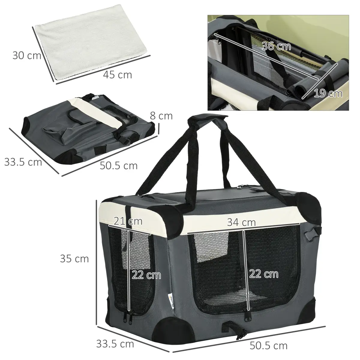 Unbranded 51cm Foldable Pet Carrier w/ Cushion for Mini Dogs and Cats - Grey Pawhut - Pet Carrier
