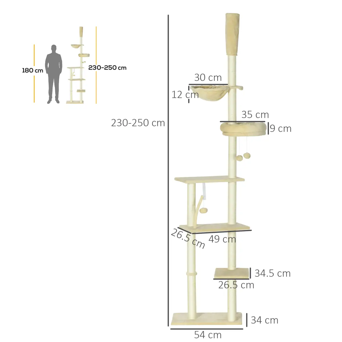PawHut 6-Tier Floor to Ceiling Cat Tree with Scratching Post, Bed, Hammock, Beige - Cat Tree