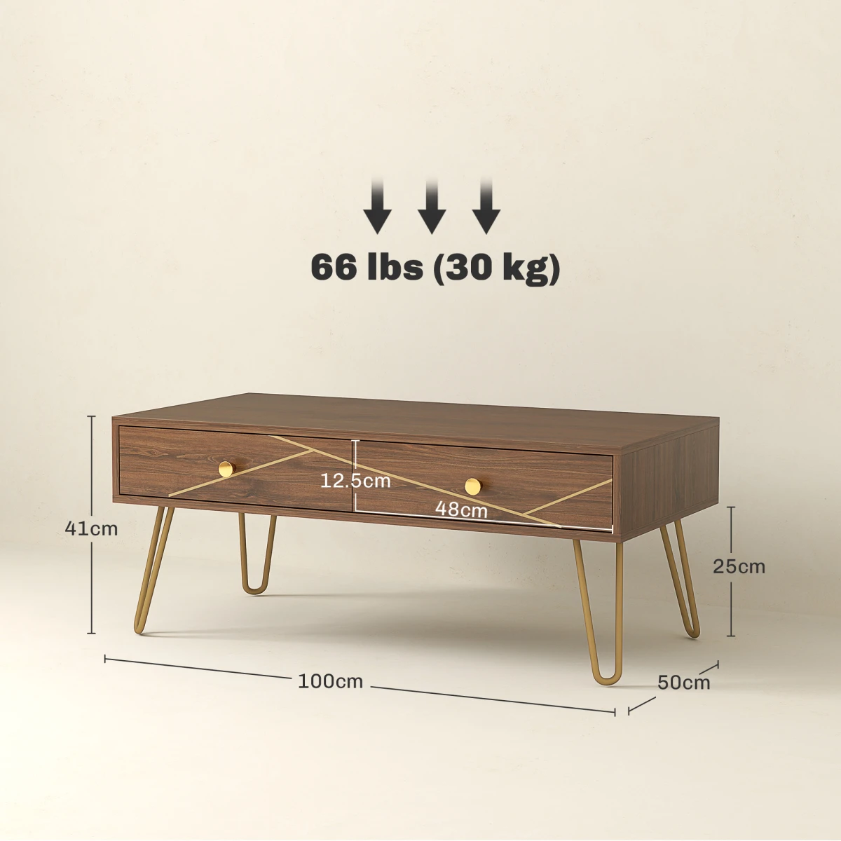 HOMCOM Coffee Table Long Woodgrain Finish With Two Drawers Gold Hairpin Legs Living Room by HOMCOM