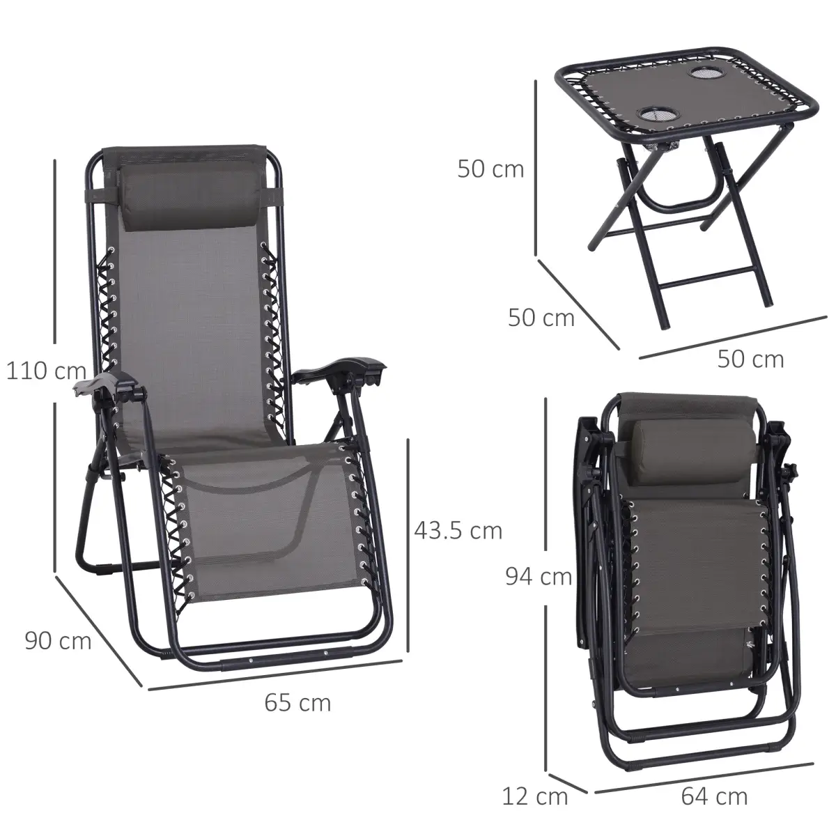 Unbranded 3PC Zero Gravity Chairs Sun Lounger Table Set Cup Holders Dark Grey Outsunny - Garden Set