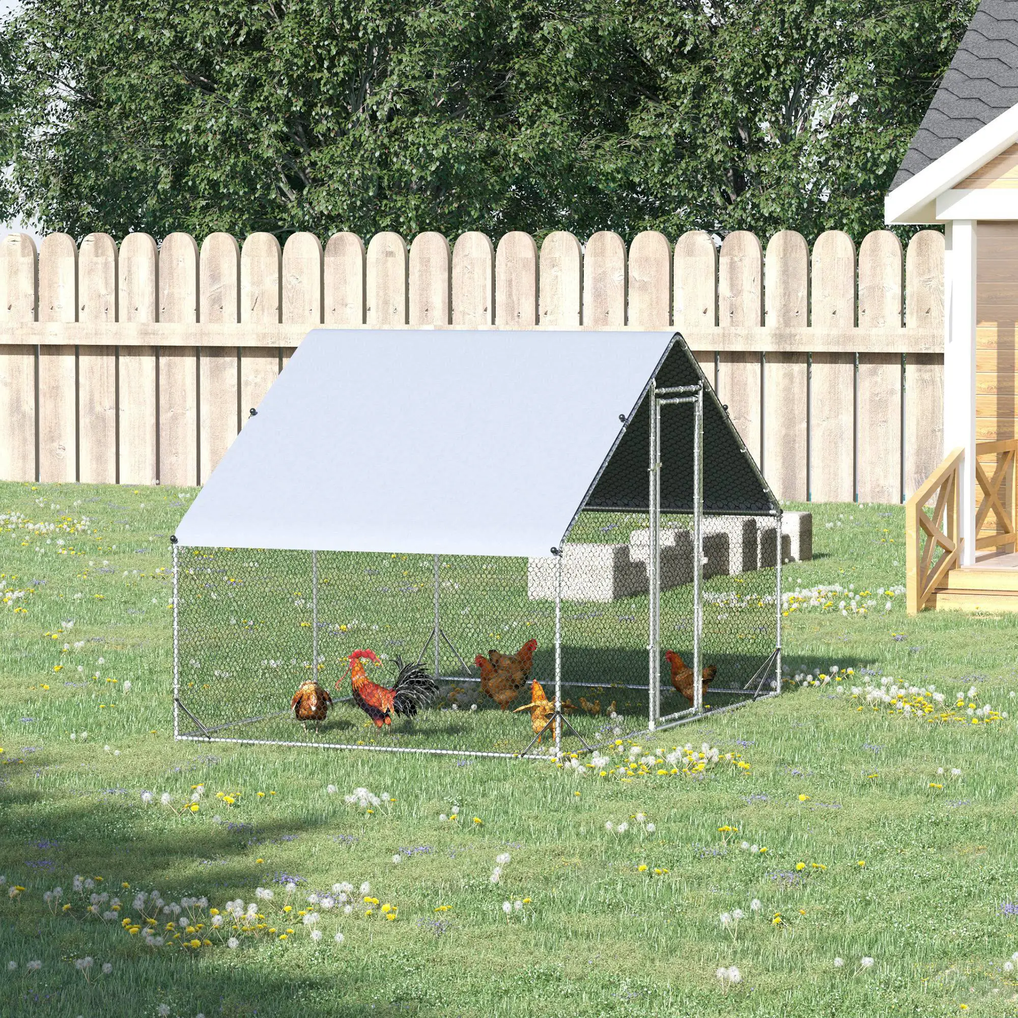 Pawhut Walk In Chicken Run Galvanized Chicken Coop Hen House w/ Water-Resist Cover - Chicken Coop