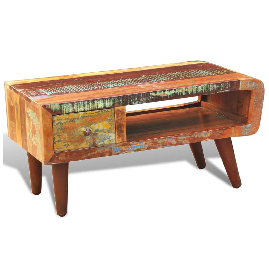 vidaXL VidaXL Coffee Table Reclaimed Wood With Curved Edge And 1 Drawer Antique Style Finish For Living Room - Coffee Table