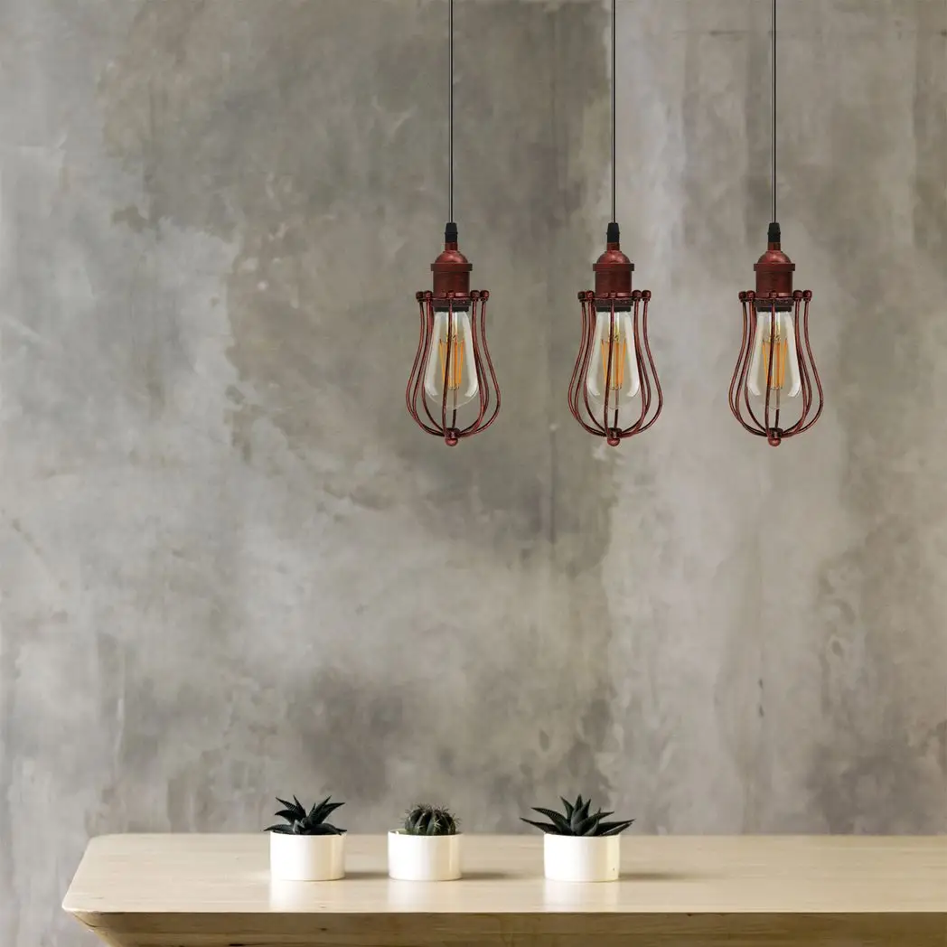 Un-branded Vintage Industrial Rustic Red 3 Head Reactangle Base Pendant Cord E27 Metal Brushed Light Fitting Ballon Cage Lamp Shade - Pendant Lights