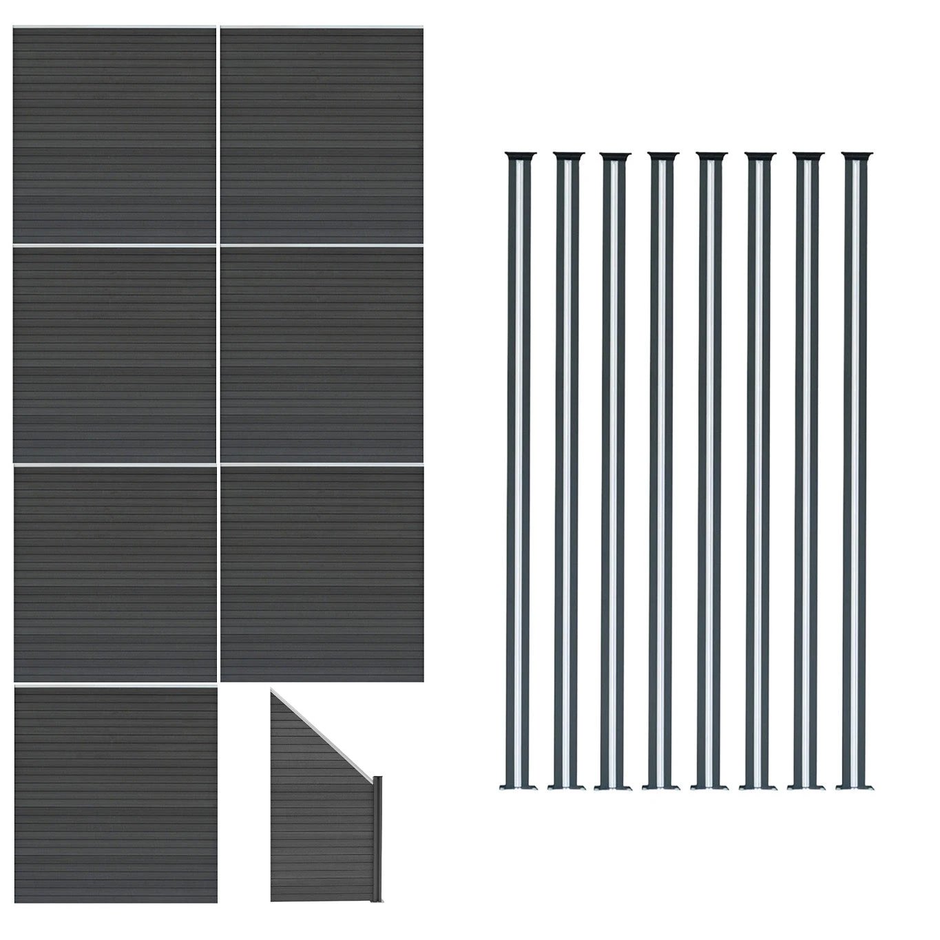 Monster Shop Composite Fence Panels x 7, Angled Piece & LED Posts x 8 - Grey -