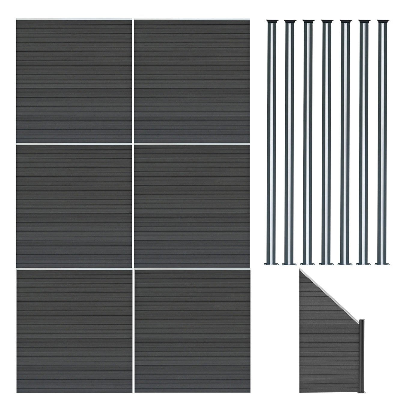 Composite Fence Panels x 6, Angled Piece & LED Posts x 7 - Grey by Monster Shop