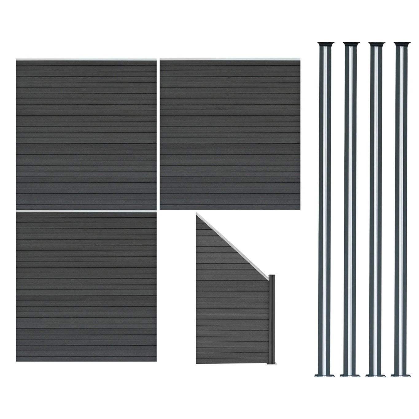 Composite Fence Panels x 3, Angled Piece & LED Posts x 4 - Grey by Monster Shop
