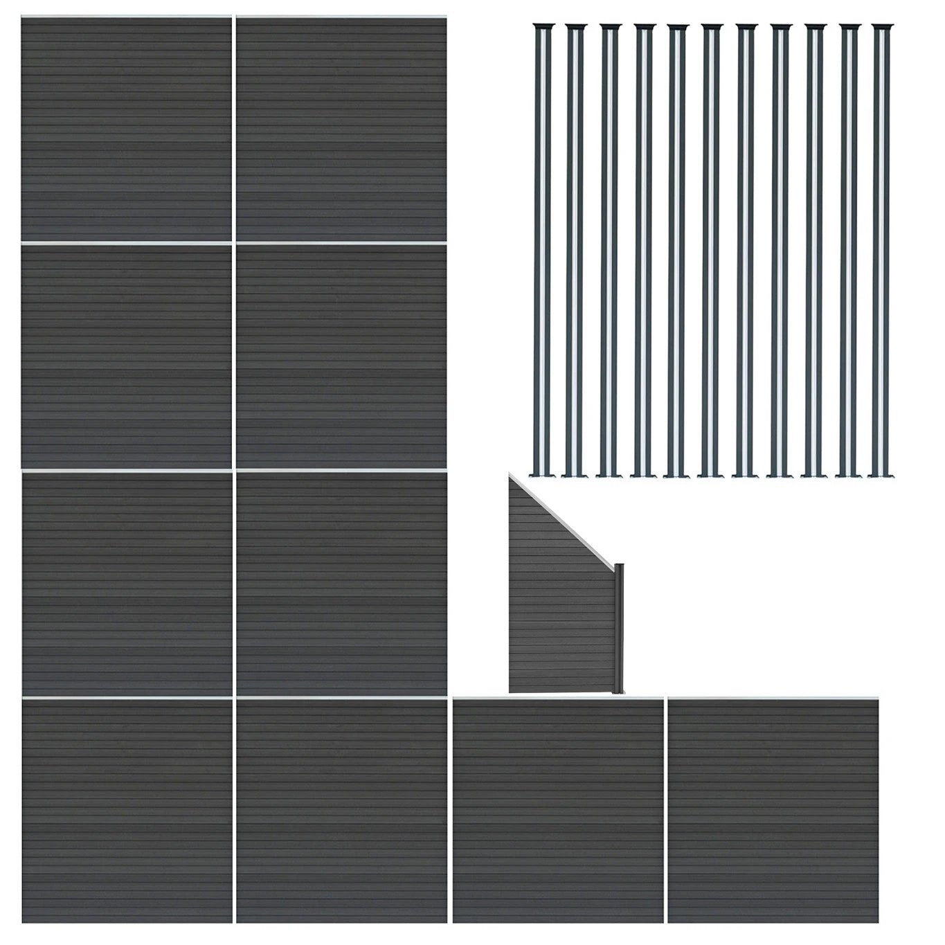 Monster Shop Composite Fence Panels x 10, Angled Piece & LED Posts x 11 - Grey -