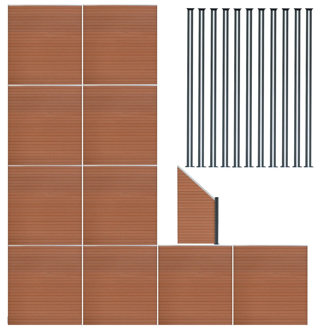 Monster Shop Composite Fence Panels x 10, Angled Piece & LED Posts x 11 - Brown -