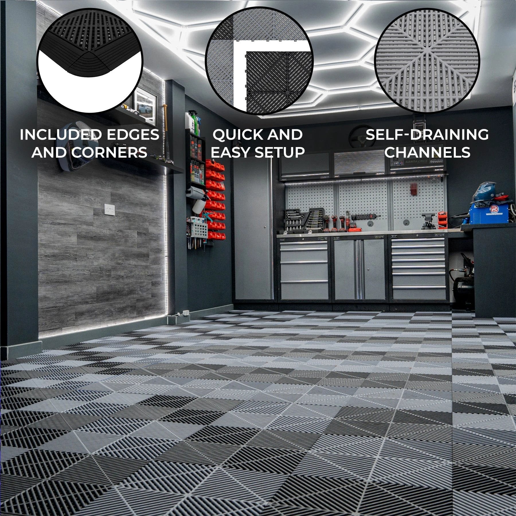 Vented Garage Floor Tiles With Edges – 60 Black & 60 Grey by Monster Shop