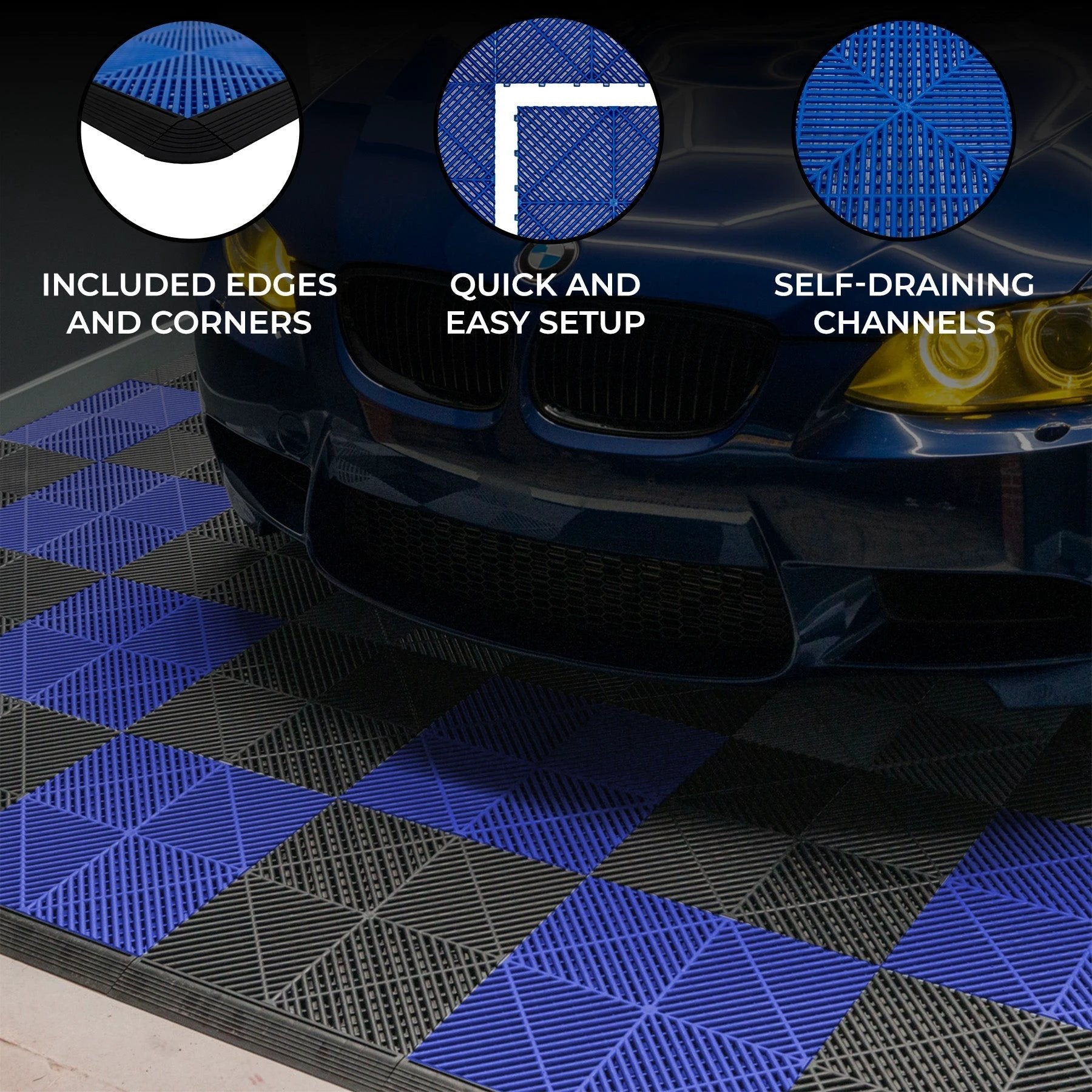 Vented Garage Floor Tiles With Edges – 120 Black & 120 Blue by Monster Shop