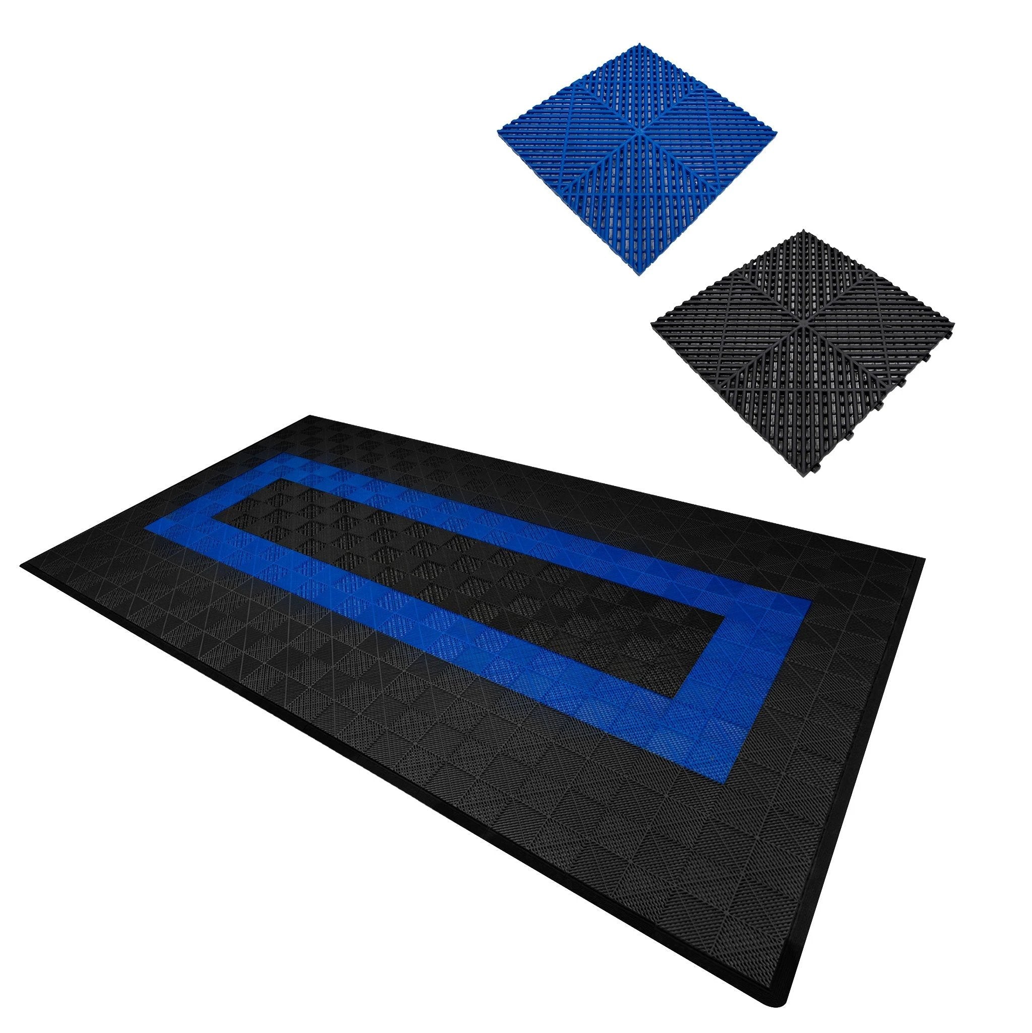 Vented Garage Floor Tiles With Edges – 90 Black & 30 Blue by Monster Shop