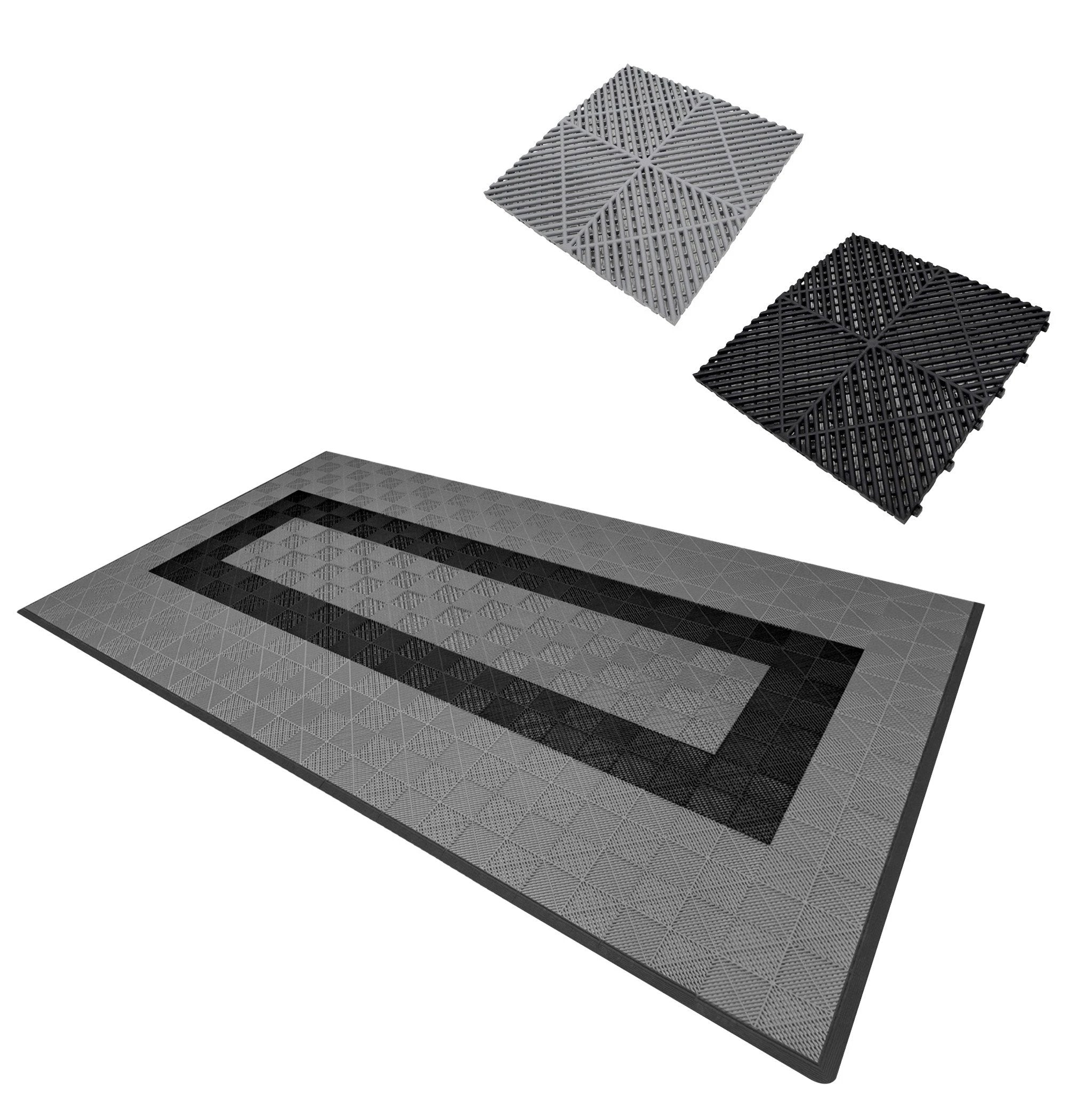 Vented Garage Floor Tiles With Edges – 90 Grey & 30 Black by Monster Shop