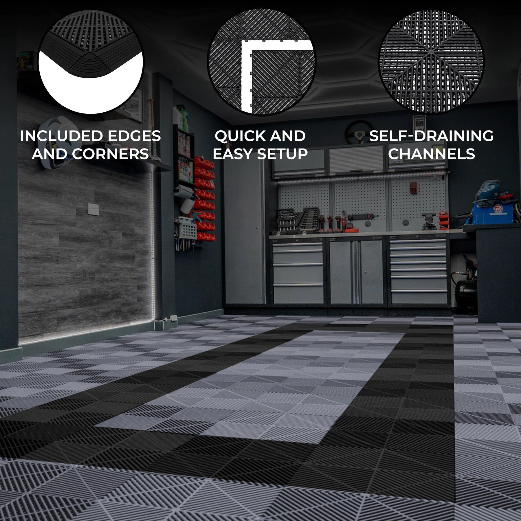 Monster Shop Vented Garage Floor Tiles With Edges – 165 Grey & 60 Black -