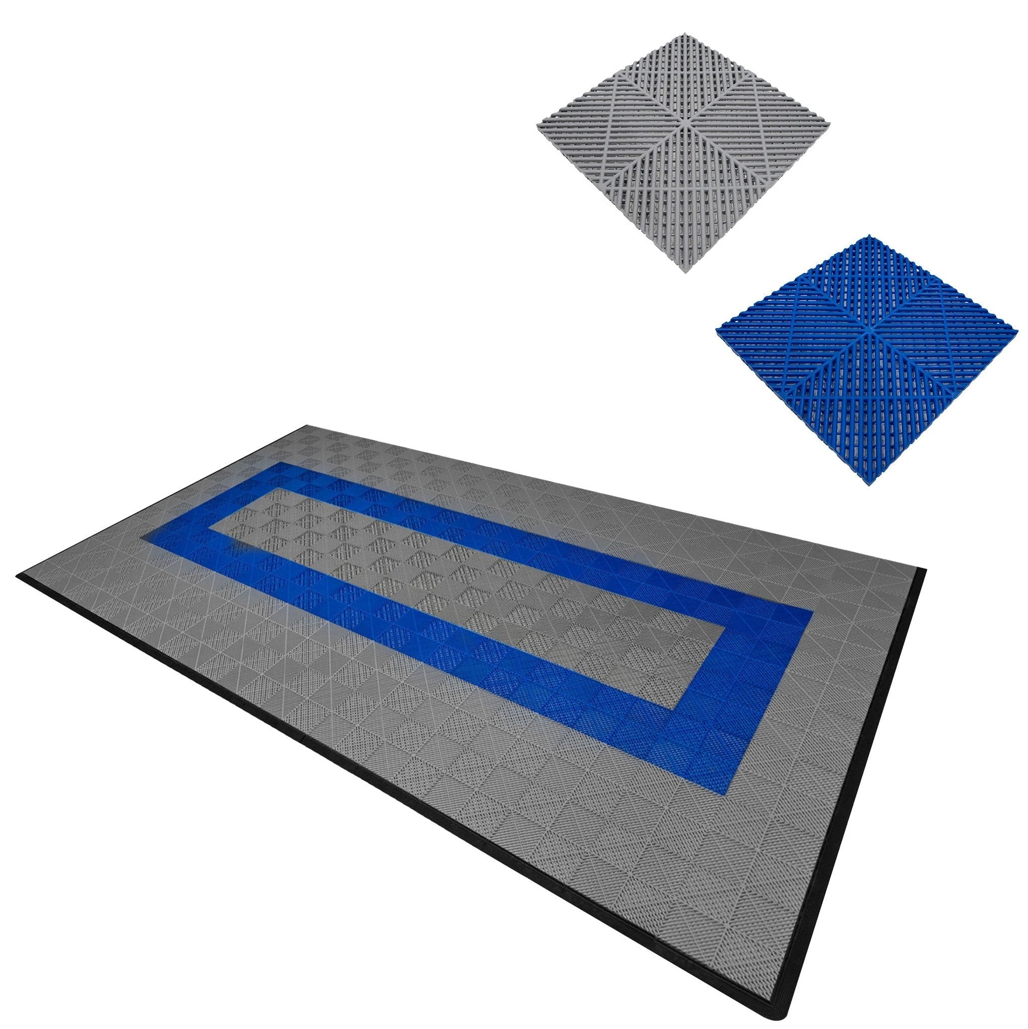 Vented Garage Floor Tiles With Edges – 90 Grey & 30 Blue by Monster Shop