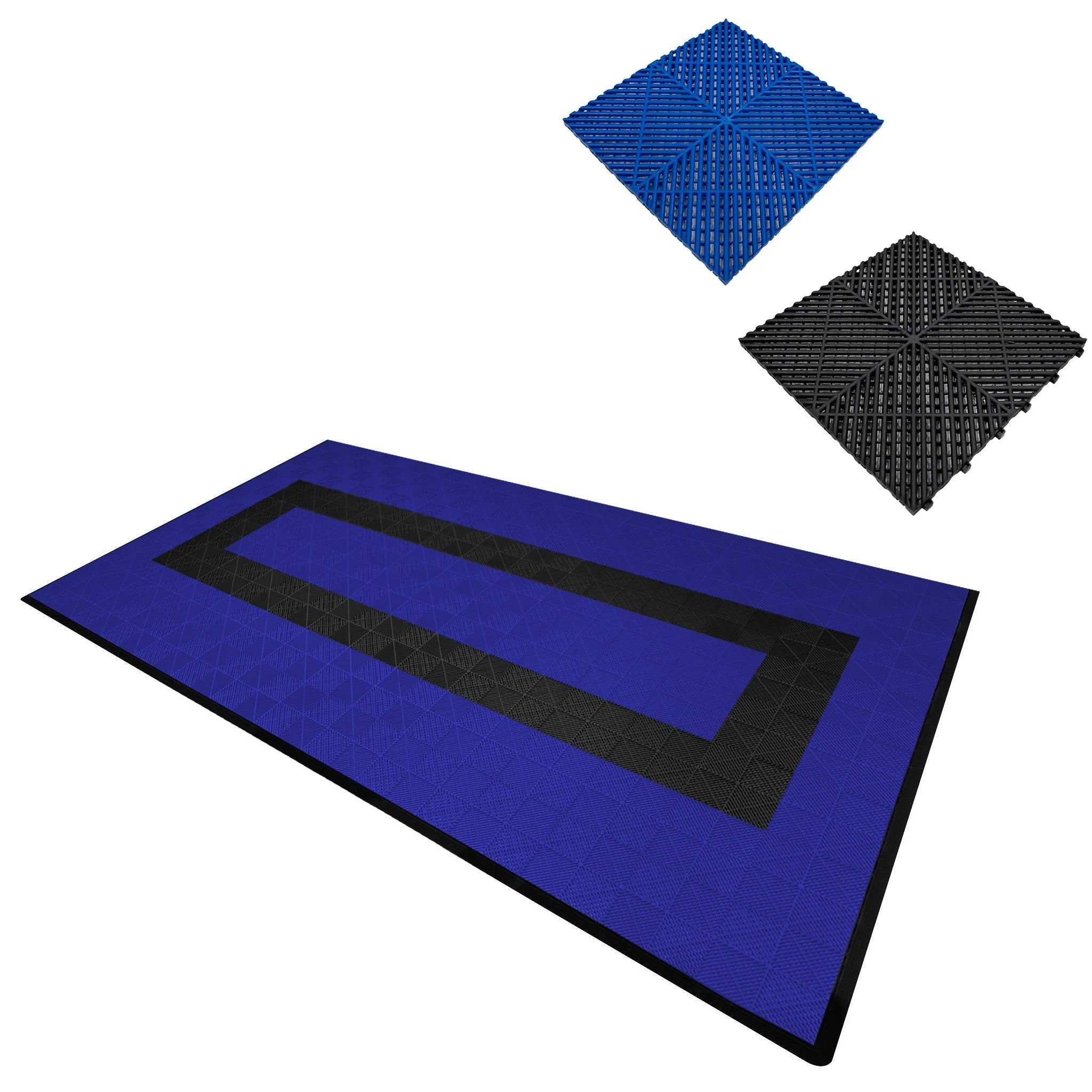 Vented Garage Floor Tiles With Edges – 90 Blue & 30 Black by Monster Shop